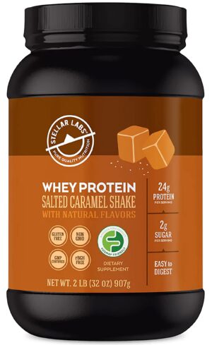 Frente de la botella Stellar Labs whey protein