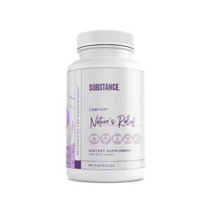 Frasco del suplemento Nature's Relief de SUBSTANCE con ingredientes naturales.