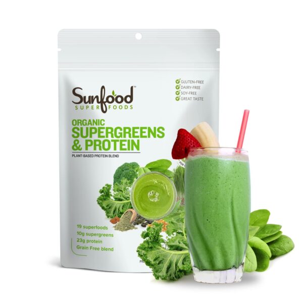 Sunfood Organic Supergreens & Protein frasco y etiqueta