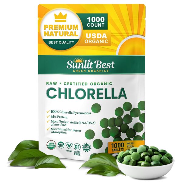 Version 1.0.0 Sunlit Best Chlorella orgánica paquete grande de 1000 tabletas verdes
