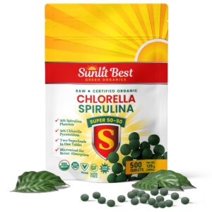 Sunlit Super tabletas orgánicas chlorella y spirulina 500 unidades