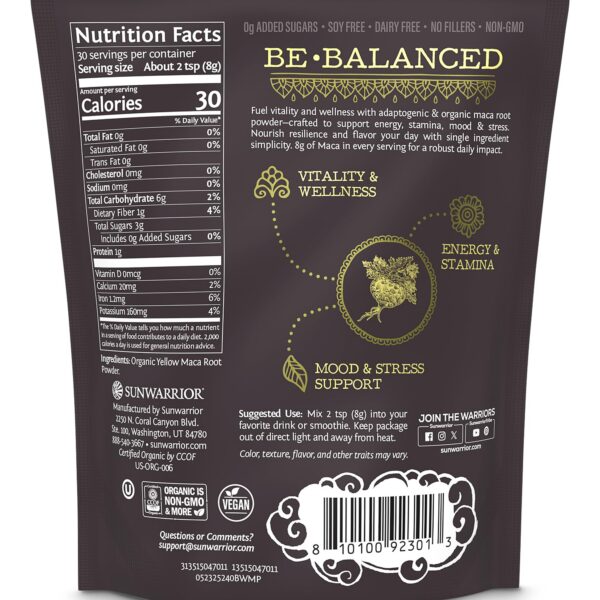 Etiqueta frontal Sunwarrior maca amarilla