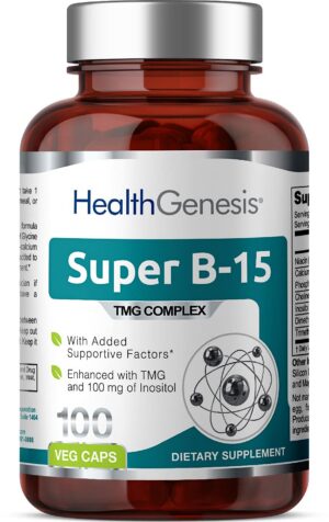Version 1.0.0 Super B-15 Health Genesis frasco 100 cápsulas suplemento energético
