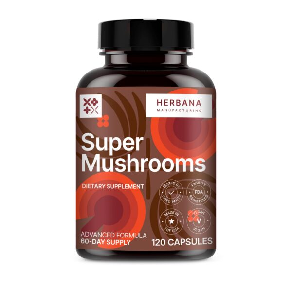 Frasco de suplementos Super Hongos 8 en 1 Herbana Manufacturing