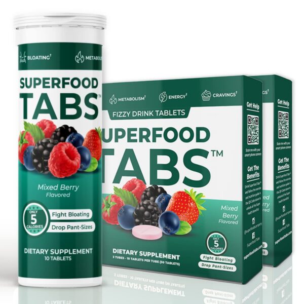 Superfood Tabs tabletas detox paquete frontal con 15 superalimentos