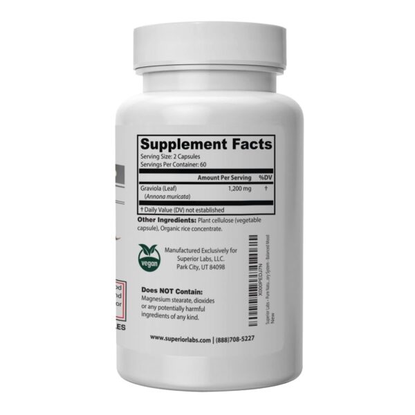 Botella con cápsulas vegetales Graviola 1200 mg