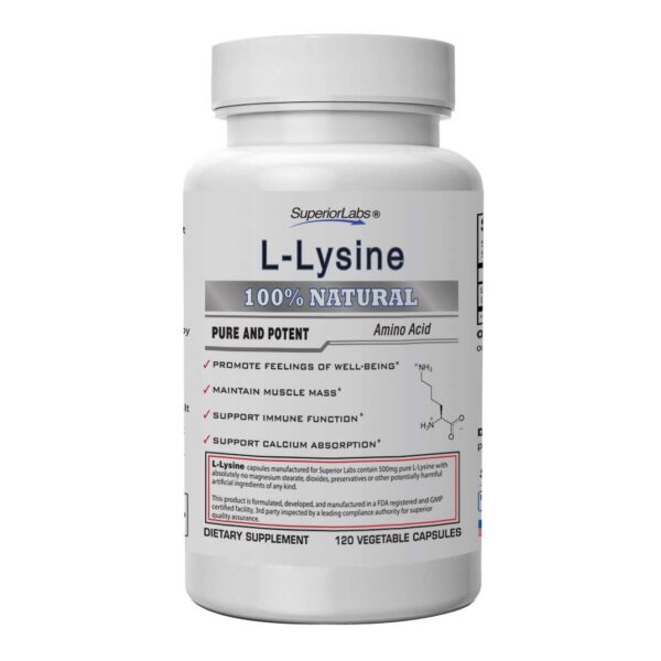 Frente del frasco Superior Labs L-Lysine 500 mg