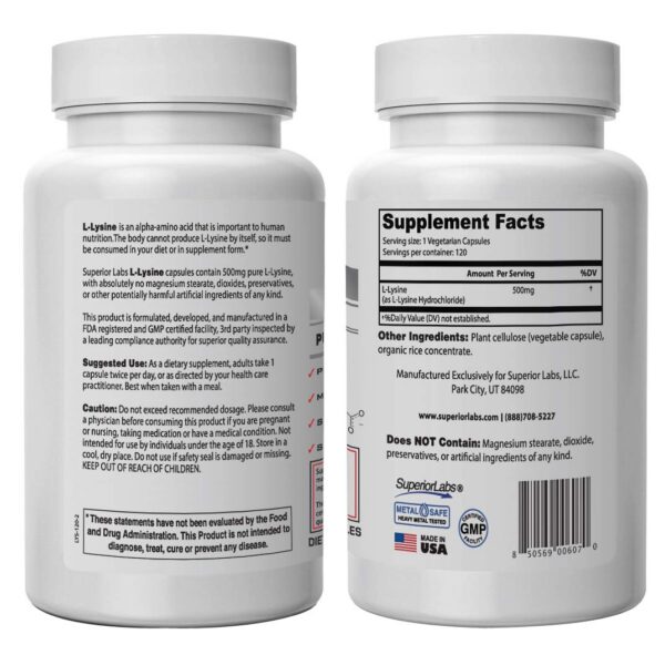 Etiqueta y detalles del producto L-Lysine 500 mg