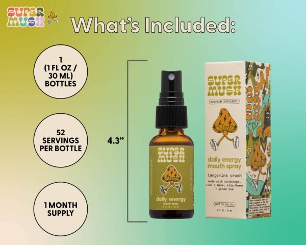 Etiqueta producto SuperMush spray de hongos para energía diaria