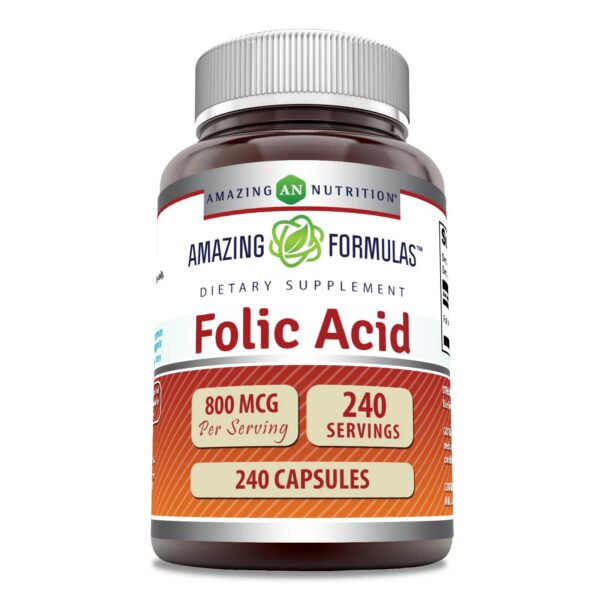 Suplemento ácido fólico Amazing Formulas 240 cápsulas 800 mcg