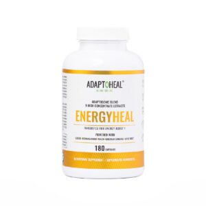 Suplemento adaptógeno Adaptoheal sin cafeína frasco con cápsulas