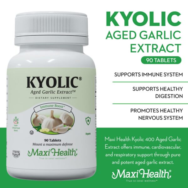 Suplemento orgánico de ajo Kyolic Maxi Health lado del envase