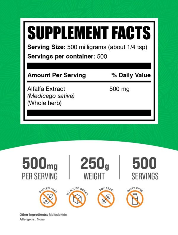 Suplemento de alfalfa en polvo BulkSupplements vista lateral