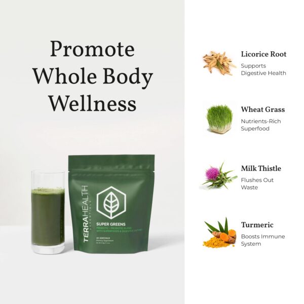Suplemento alimenticio vegano Super Greens Terra Health Essentials