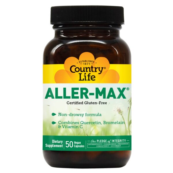 Frasco de suplementos Aller-Max Country Life con quercetina y bromelina