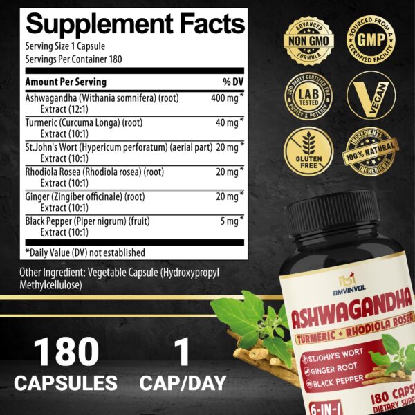 Suplemento anti estrés Ashwagandha extra fuerte 180 cápsulas veganas