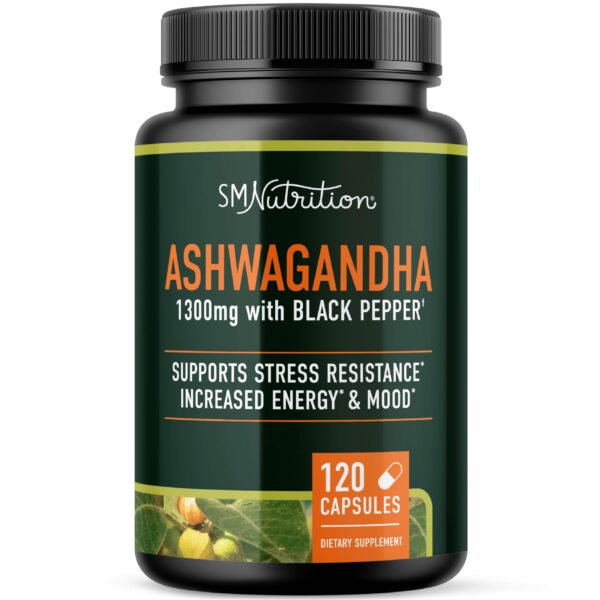 Suplemento Ashwagandha 1300mg con pimienta negra resistencia estrés