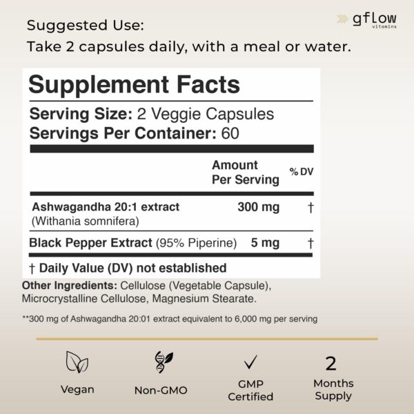 Suplemento Ashwagandha gflow vitamins envase frontal 360 cápsulas
