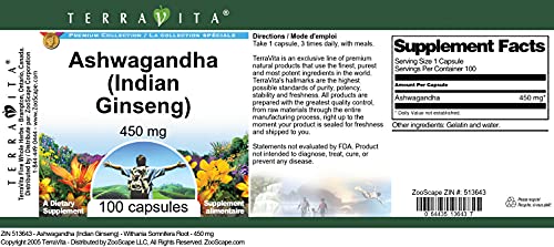 Suplemento Ashwagandha potente 450 mg 100 cápsulas TerraVita