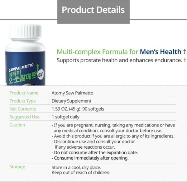 Suplemento Atomy Saw Palmetto salud masculinidad 90 cápsulas
