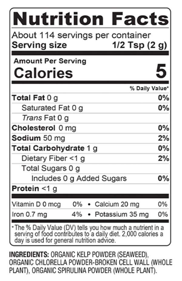 Suplemento BareOrganics con kelp, chlorella y spirulina orgánico