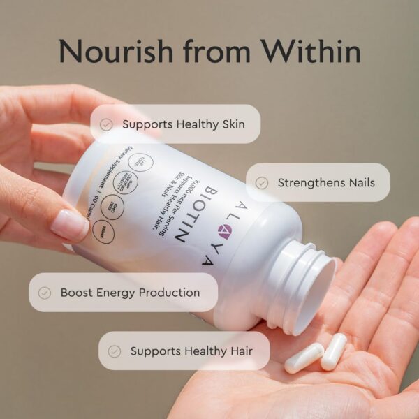 Frasco de suplemento biotina 10000mcg Alaya Naturals