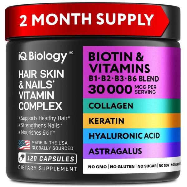 Frasco suplemento biotina 10,000mcg IQ BIOLOGY para cabello y piel