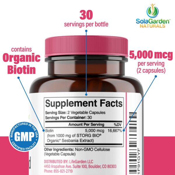 Suplemento biotina orgánica certificada Whole Food SolaGarden Naturals