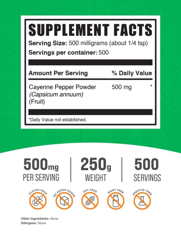 Suplemento capsaicina BulkSupplements pimienta cayena 250g