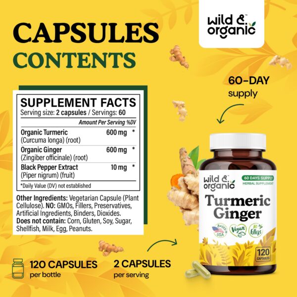 Suplemento Wild & Organic con cúrcuma, jengibre y pimienta negra