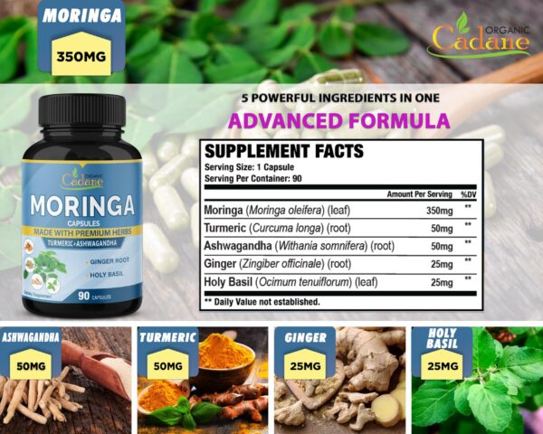 Suplemento cápsulas Moringa Ashwagandha Tulsi