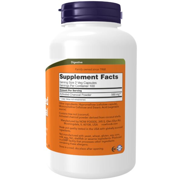 Suplemento Carbón Activado NOW Foods envase negro 200 cápsulas vegetales