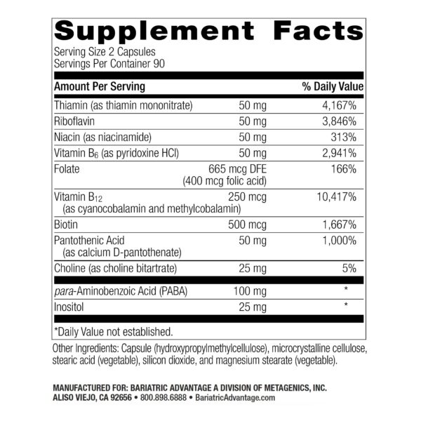 Envase de suplemento complejo b-50 con colina y vitaminas esenciales