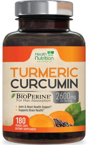 Suplemento cúrcuma curcumina 2600mg con BioPerine 180 cápsulas