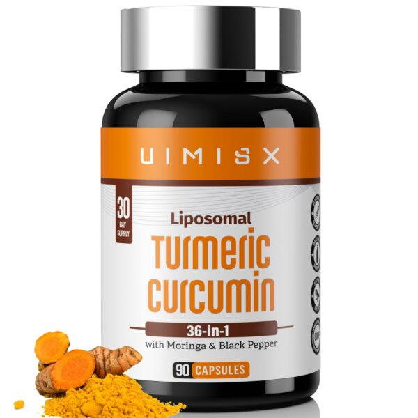 Suplemento de cúrcuma curcumina liposomal UIMISX frasco con cápsulas