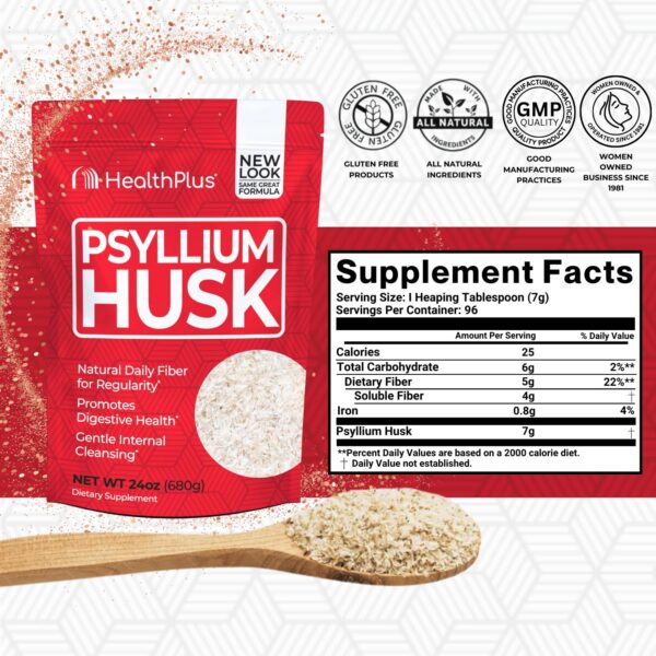 Suplemento dieta con cáscara de psyllium Health Plus fibra natural