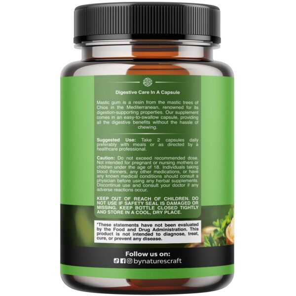 Suplemento digestivo de goma de mastiha sin gluten y sin OGM