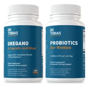 Caja suplemento Dr. Tobias orégano ácido caprílico probióticos mujeres