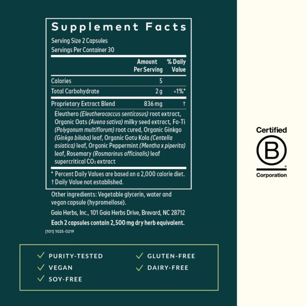 Version 1.0.0 Suplemento enfoque y memoria Gaia Herbs 60 cápsulas veganas líquidas