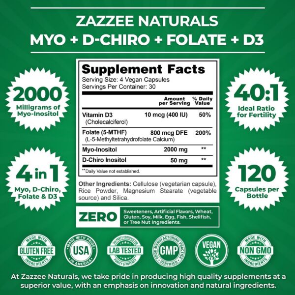 Suplemento fertilidad Zazzee folato 5-MTHF y vitamina D3