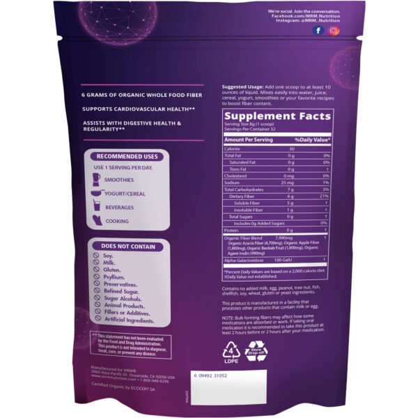 Suplemento fibra MRM orgánico soluble e insoluble para digestión