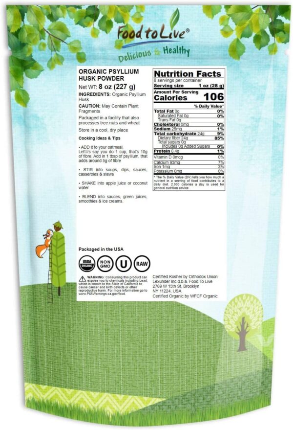 Suplemento de fibra vegano psyllium Food to Live 8 oz