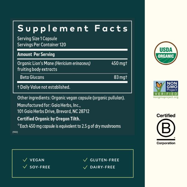 Suplemento Gaia Herbs hongo melena de león para salud cerebral