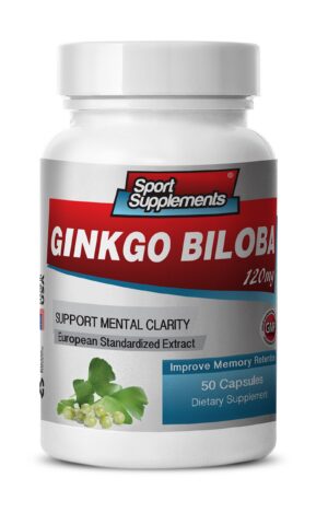 Frasco de suplemento Ginkgo Biloba 120mg para memoria y concentración