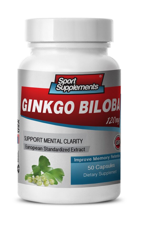 Frasco de suplemento Ginkgo Biloba 120mg para memoria y concentración
