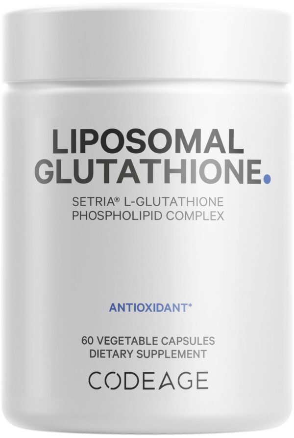 Frasco de suplemento glutatión liposomal Codeage con etiquetas claras