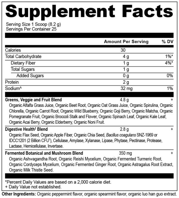 Suplemento greens orgánico sabor menta para digestión y energía