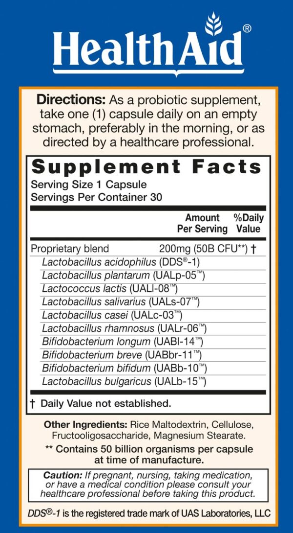 Suplemento HealthAid ImmuProbio con prebiótico dosis diaria
