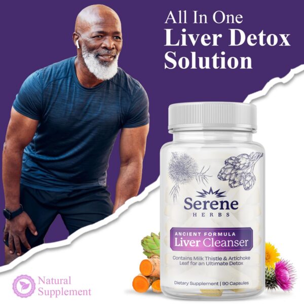 Caja y frasco de suplemento herbal para apoyo hepático Serene Herbs