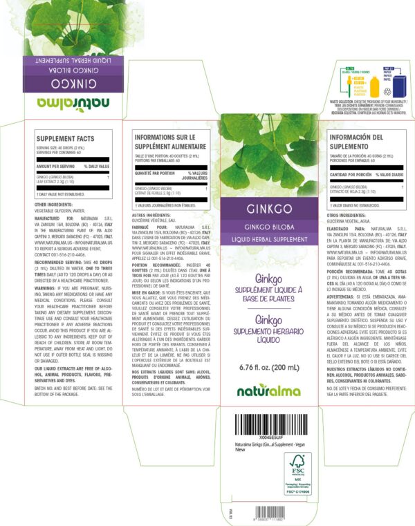 Frasco y caja de suplemento herbal Naturalma Ginkgo biloba en gotas